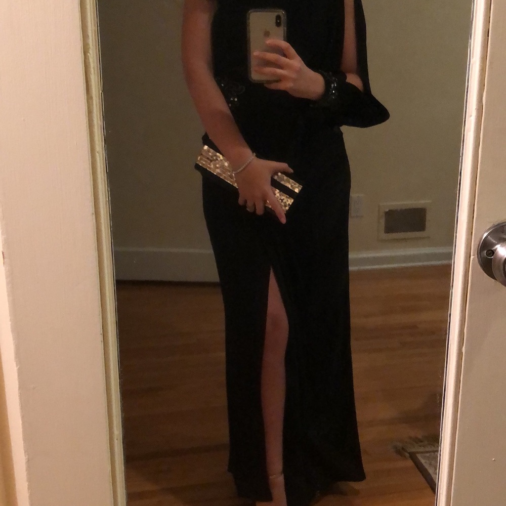 David Meister black gown with side slit